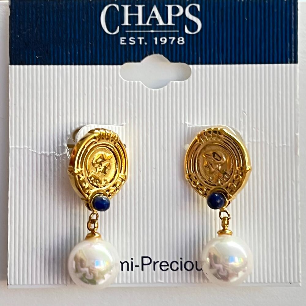 Chaps Gold and White Pearl Earrings with lucky Roman coin design Swirled Design
